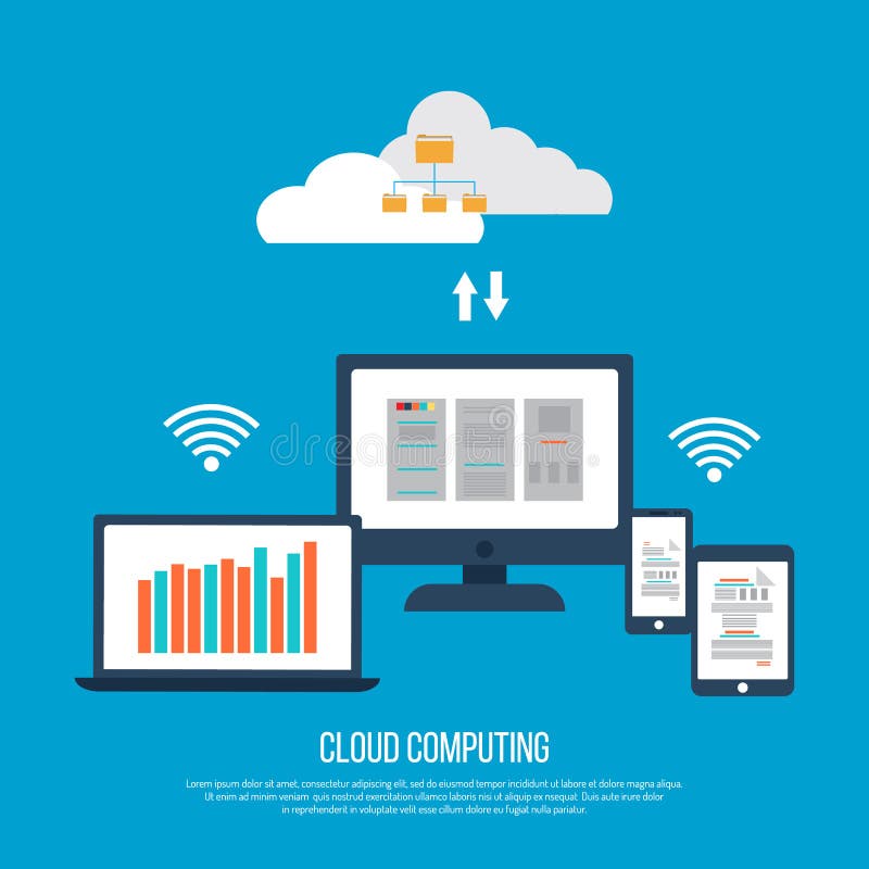 Cloud computing concept with computer, tablet, laptop and smartphone. Vector illustration