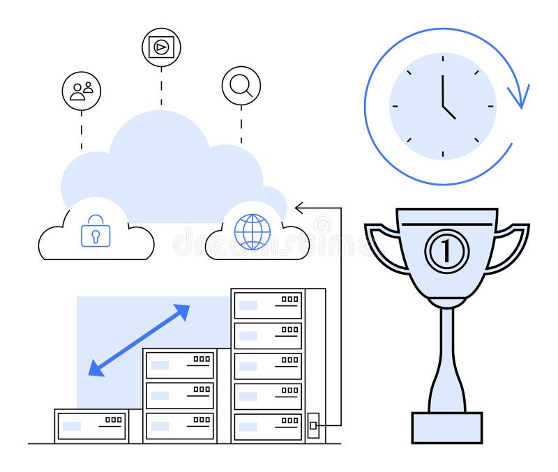 Cloud computing concept. Cloud computing with icons for storage, security, networking, and success. Cloud computing enhances data growth and innovation. For IT, data management, technology startups. Cloud data storage illustration security scalability illustrations
