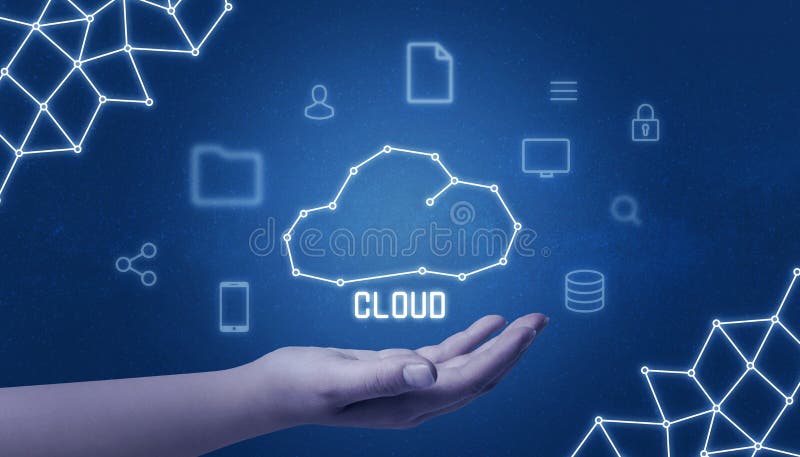 Cloud computing concept with cloud drawing in hand surrounded with tehnology icons