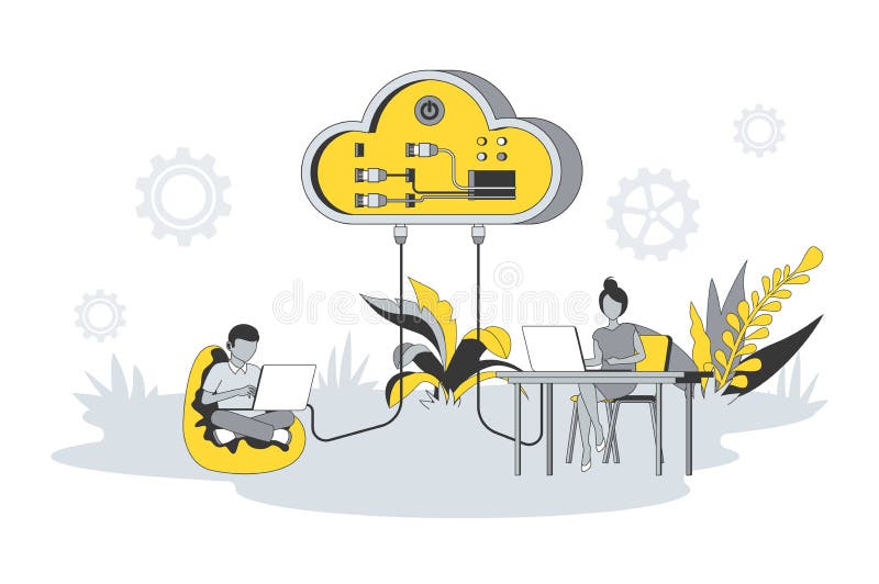Cloud computing concept in flat line design. Vector illustration stock illustration