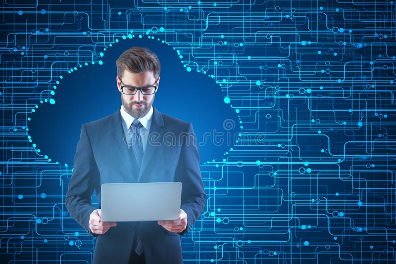 Handsome businessman using laptop on abstract cloud computing concept background. 3D Rendering