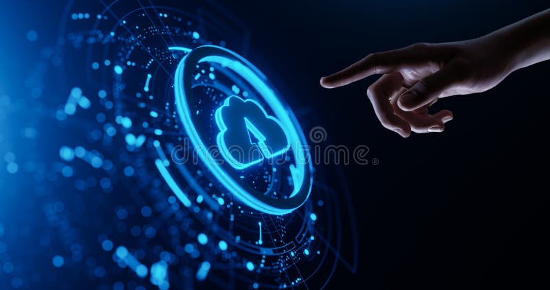 Cloud computing concept. Human Hand Touching Futuristic Virtual Screen with cloud computing, laptop and smartphone icon royalty free illustration