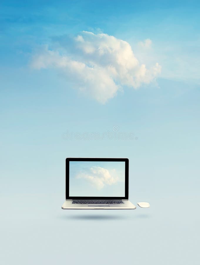 Cloud computing concept, Laptop floating with cloud on screen and cloud on blue sky background