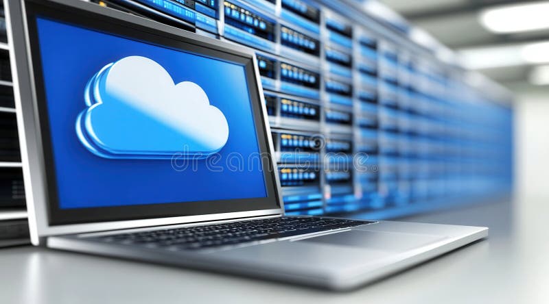 Cloud computing concept, laptop showing cloud icon in data center stock image
