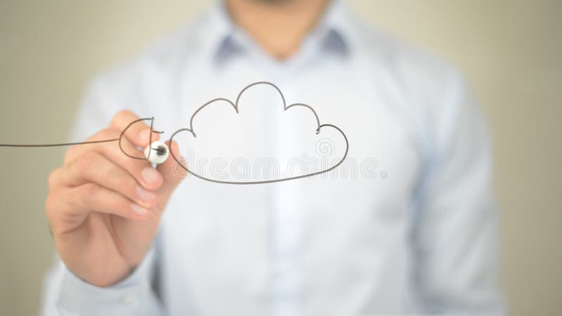 Cloud Computing Concept, Man writing on transparent screen royalty free stock photos Cloud Computing Concept, Man writing on transparent screen royalty free stock photos