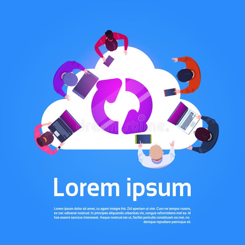 Cloud Computing Concept Top View Of Group Of People Using Different Gadgets stock illustration