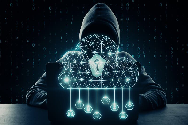 Hacker using laptop with digital polygonal cloud and binary code. Cloud computing and criminal concept. Double exposure