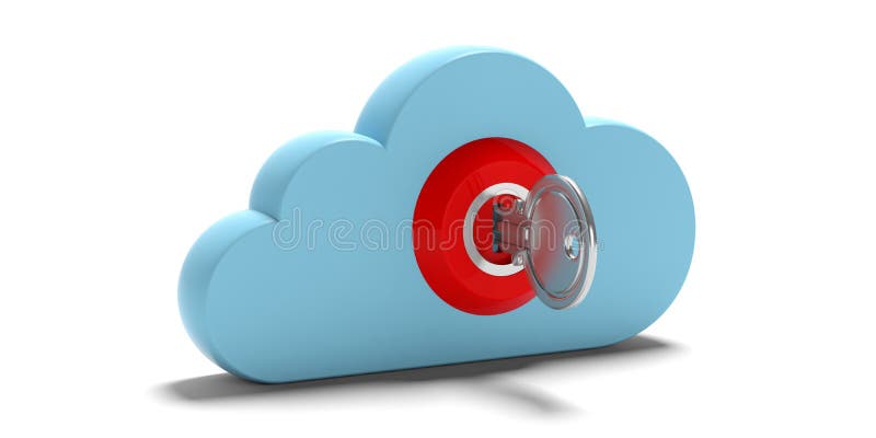 Cloud computing security. Blue cloud and keylock isolated on white background. 3d illustration royalty free illustration