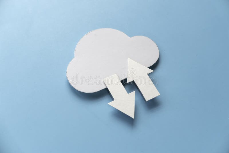 Cloud computing data storage concept. Network computing technologies. Digital server. Icon of cloud with arrow on blue background stock image