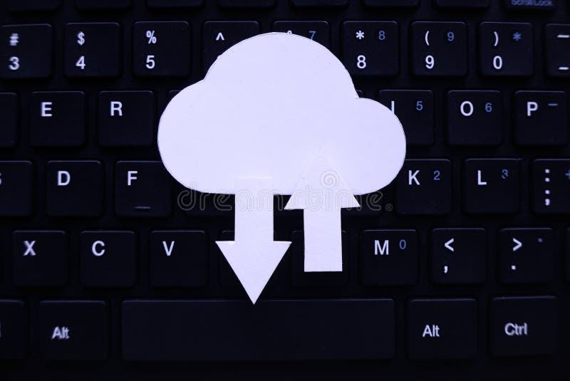 Cloud computing data storage concept. Network computing technologies. Digital server. Icon of cloud with arrow on computer keyboard royalty free stock images