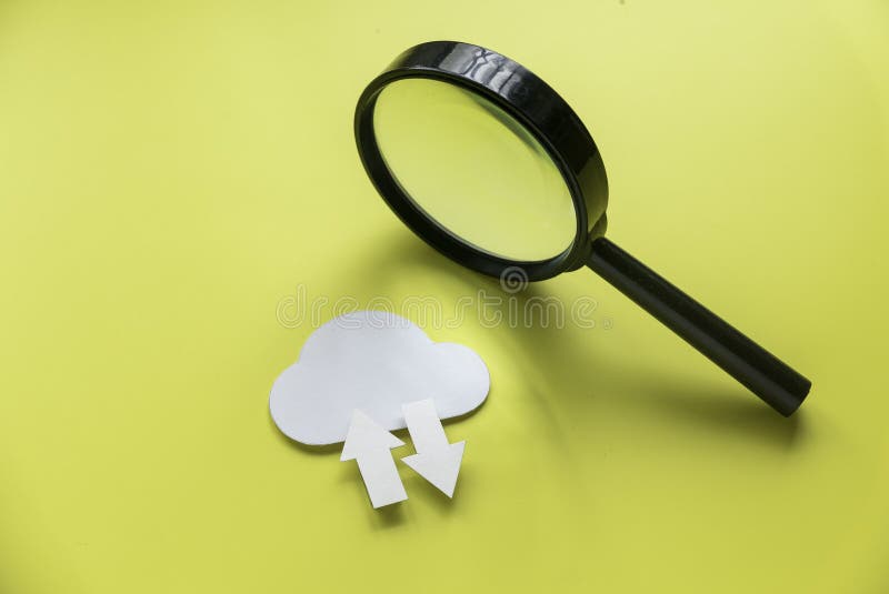 Cloud computing data storage concept. Network computing technologies. Digital server. Icon of cloud with arrow on yellow background royalty free stock photo