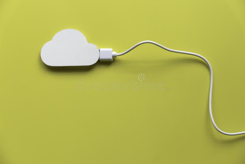 Cloud computing data storage concept. Network computing technologies. Digital server. Icon of cloud with white cable on yellow back royalty free stock photo