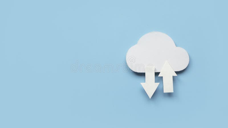 Cloud computing data storage concept. Network computing technologies. Digital server. Icon of cloud with arrow on blue background w stock photo