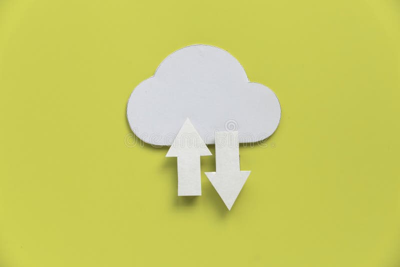 Cloud computing data storage concept. Network computing technologies. Digital server. Icon of cloud with arrow on yellow background stock photos