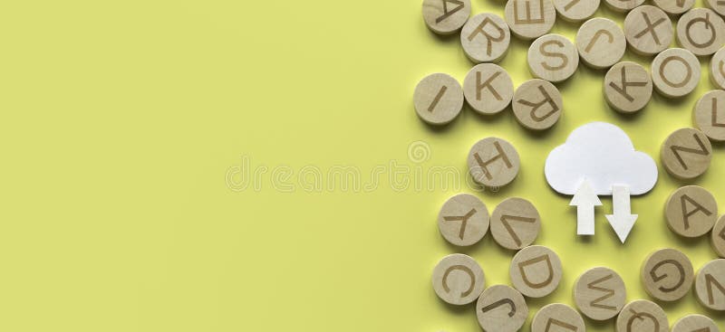 Cloud computing data storage concept. Network computing technologies. Digital server. Icon of cloud with arrow on yellow background stock photos