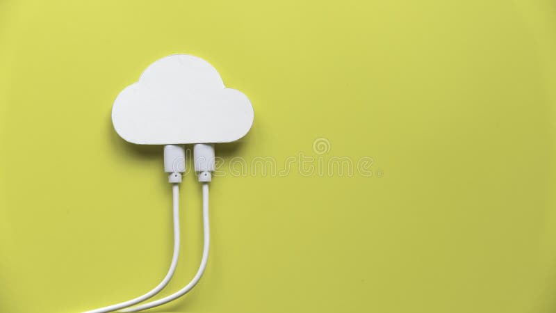 Cloud computing data storage concept. Network computing technologies. Digital server. Icon of cloud with white cables on yellow bac stock photography