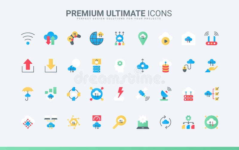 Cloud computing data transfer trendy flat icons set vector illustration. vector illustration