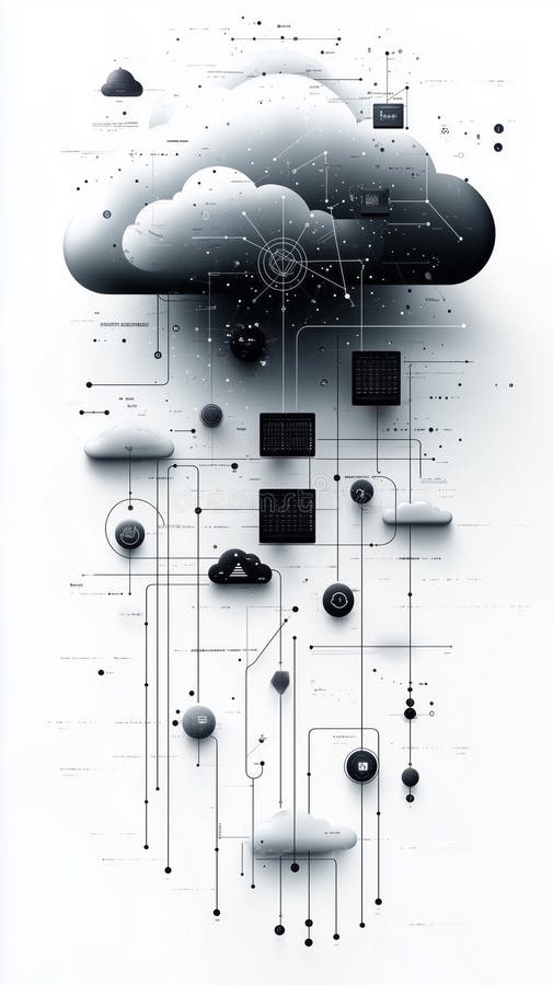 Cloud computing distributing data through network of connected servers vector illustration