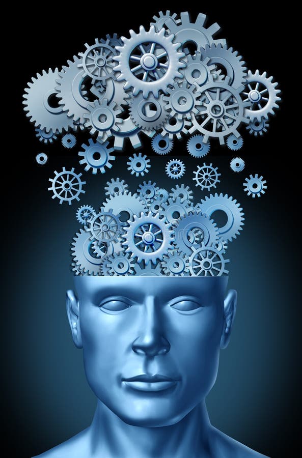 Cloud computing and education symbol represented by a human head shape with gears and cogs representing the concept of intellectual teaching being transferred and taught to students and faculty of universities and colleges. Psychology symbol illustrations