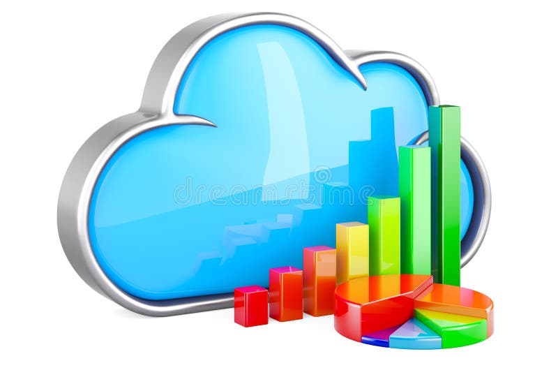 Cloud computing with growth bar graph and pie chart, 3D rendering isolated on white background