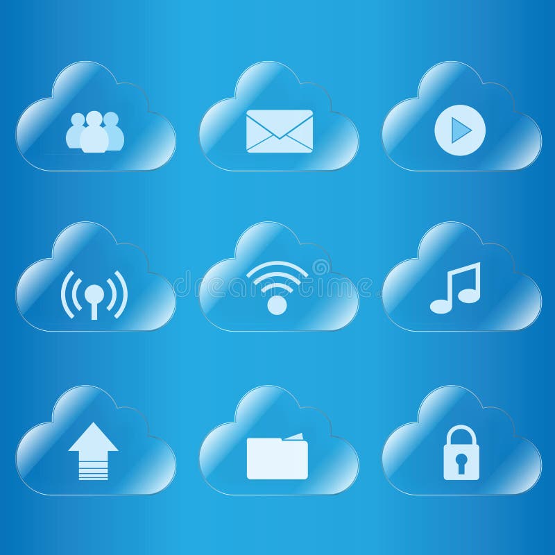 Cloud computing icon glass set