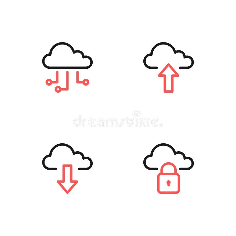 Cloud computing icon set. Networking, Upload, Download, Security icon set. 4 icons vector illustration