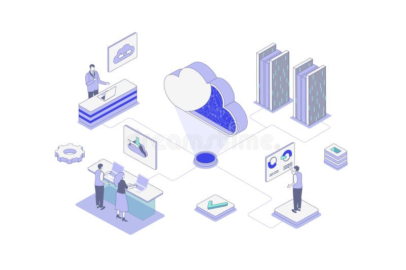 Cloud computing isometric concept in outline isometry design for web. People using online data storage platform royalty free illustration