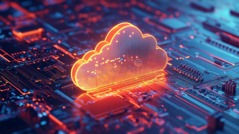 Cloud Computing-konceptet på kretskort i mikrokretskort en 3d-rendering av digital omvandlingsteknik vektor illustrationer