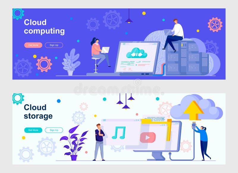 Cloud computing landing page with people characters. Internet hosting provider, data storage service web banners set. cloud royalty free illustration