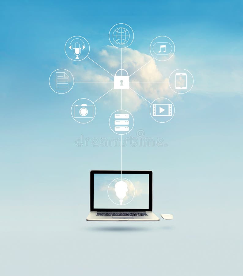 Cloud computing, Laptop floating with icon network connection on blue sky background