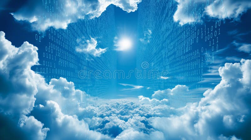Cloud Computing in Logistics: Fluffy clouds filled with binary code and data packets stock photography