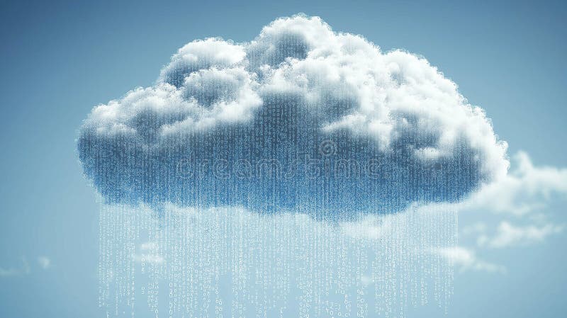 Cloud Computing in Logistics: Fluffy clouds filled with binary code and data packets stock images