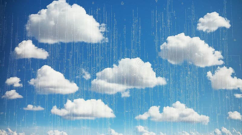 Cloud Computing in Logistics: Fluffy clouds filled with binary code and data packets royalty free stock photos