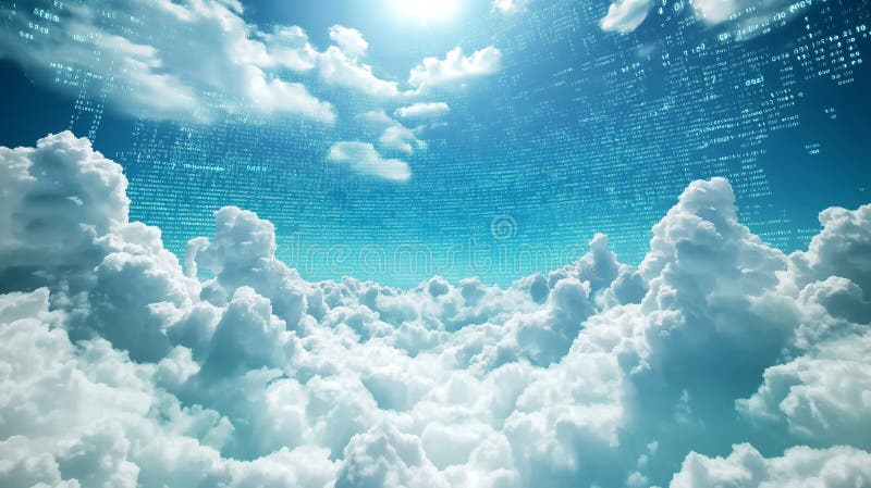 Cloud Computing in Logistics: Fluffy clouds filled with binary code and data packets royalty free stock photo