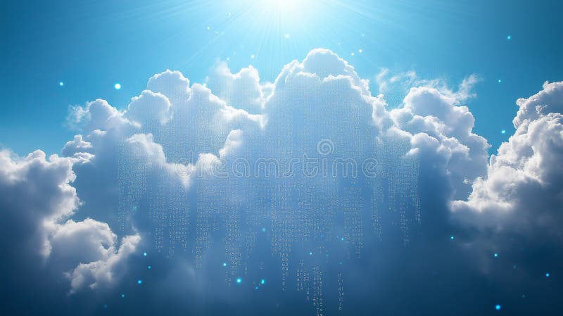 Cloud Computing in Logistics: Fluffy clouds filled with binary code and data packets royalty free stock photos