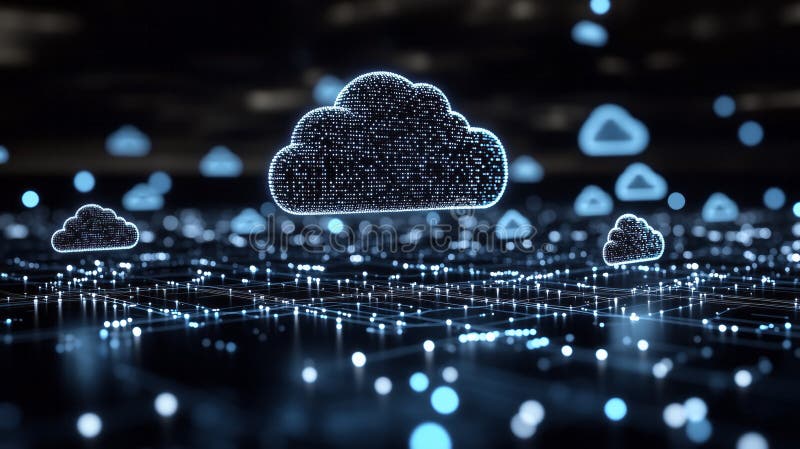 Cloud computing network connecting digital information through data center servers stock illustration