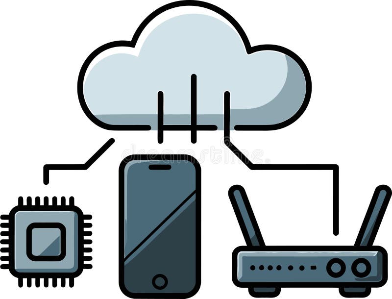 Cloud Computing Network Connection Chip Mobile Router Black IOT Technology System stock illustration