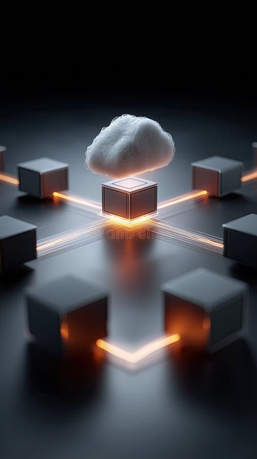 Cloud computing network with glowing connections, futuristic technology, data storage concept stock illustration