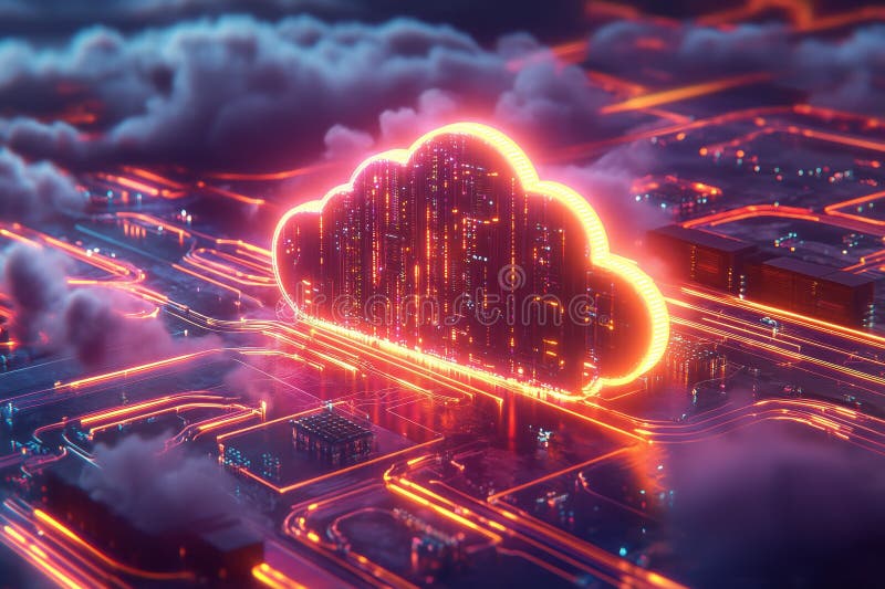 Cloud computing network with glowing lines and servers stock illustration