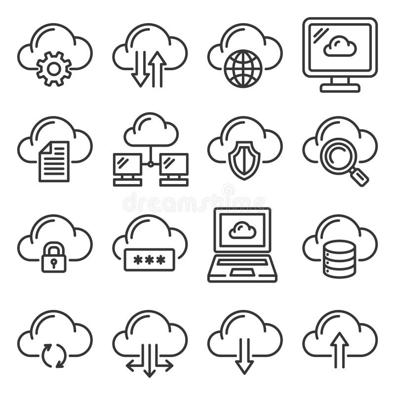 Cloud Computing Network Icons Set. Line Style Vector stock illustration