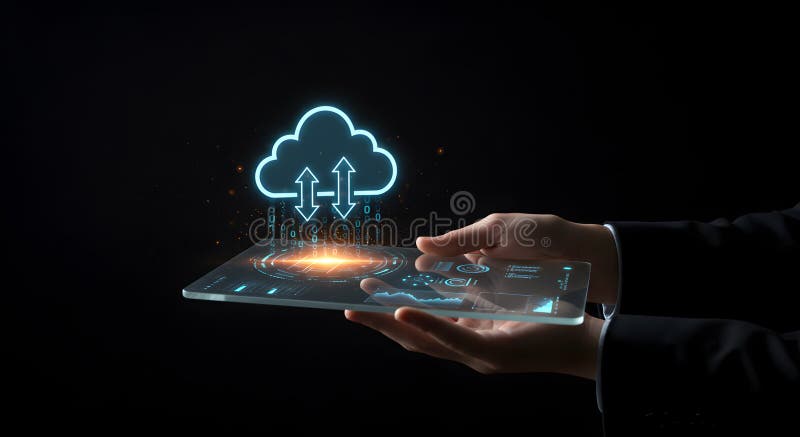 Cloud Computing och dataöverföring med datorteknik och företagslösningar online. Ett futuristiskt koncept som visar datormoln och dataöverföring på en tablett. Bilden representerar modern teknik och affärslösningar för onlineåtkomst och datalagring i den digitala tidsåldern. dess innovativa