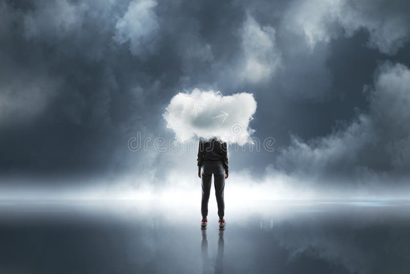 Back view of hacker with cloudy head. Cloud computing and phishing concept. Digital system concept stock images, royalty-free photos and pictures