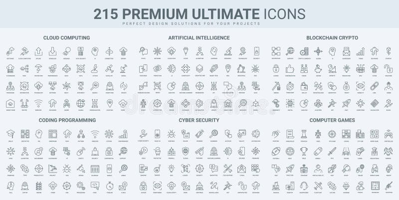 Cloud computing, program development, privacy, data protection thin black line icons set vector illustration