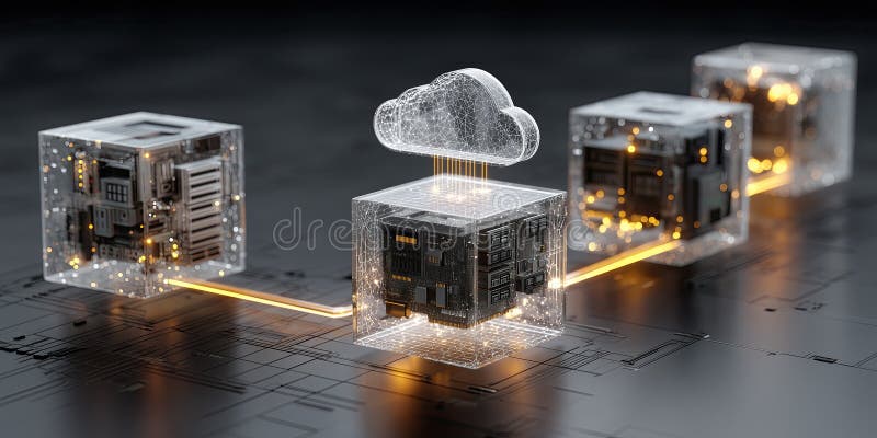 Cloud computing server cube with glowing connection, futuristic technology, digital network royalty free illustration