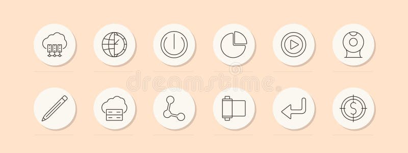 Cloud computing set icon. Server, globe, power button, pie chart, play button, webcam, pencil, data, network, film reel, dollar vector illustration
