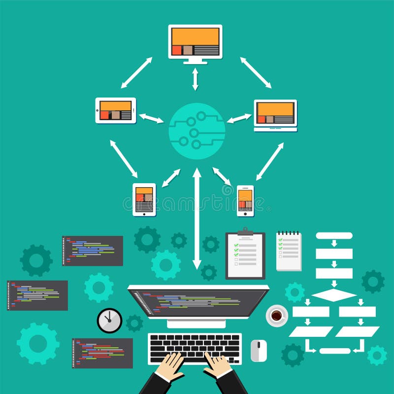 Cloud computing. Software development concept. Network programming stock illustration