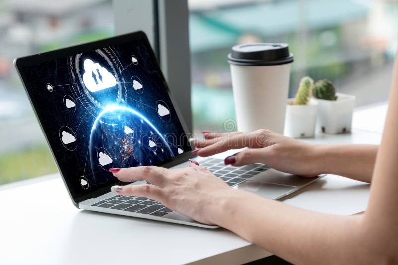 Cloud computing software for modish remote work stock photography