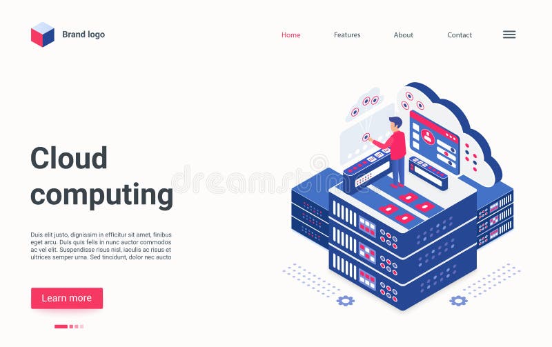 Cloud computing tech concept isometric landing page, admin working on server host center royalty free illustration