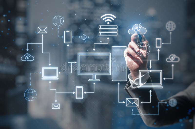 Cloud computing technologies concept with man hand using stilus on virtual touch screen with digital electronic devices connected stock photography