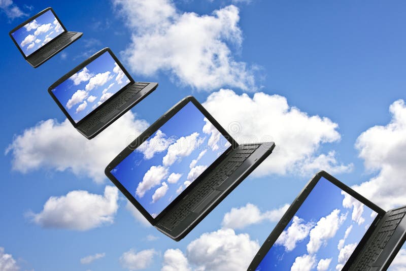 Cloud Computing Technology Concept. Laptop with a screen full of laptops in the clouds Cloud Computing Technology Concept. Laptop with a screen full of laptops in the clouds